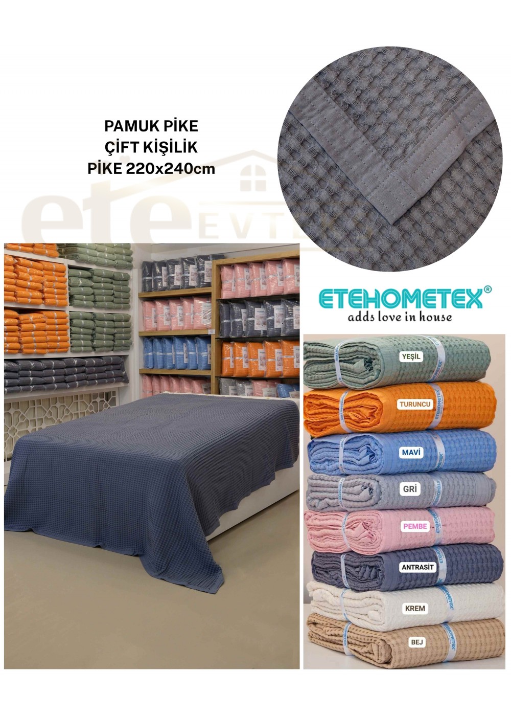 ETEHOMETEX HAVUZLU PİKE ÇİFT KİŞİLİK 220X240CM KOYU GRİ 8696474231871